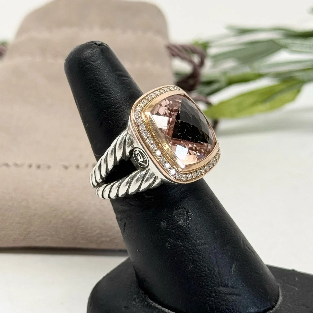 David Yurman 14mm Morganite Diamond Albion Ring .925 18K Rose Gold Sz 7 - Picture 5 of 10